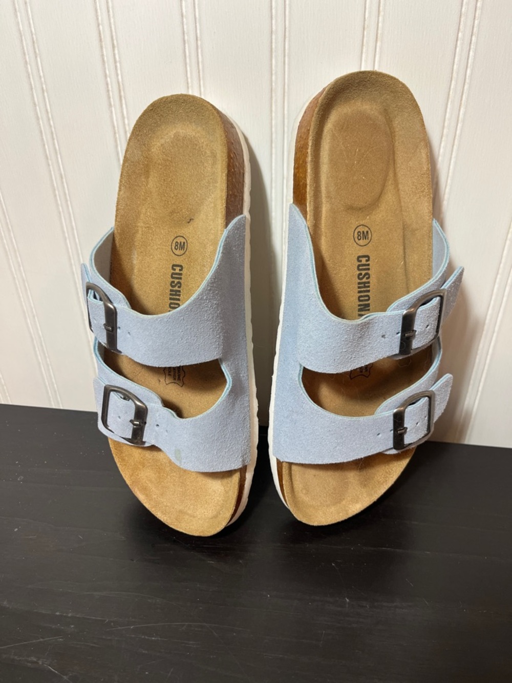 Cushionaire Light Blue Suede Two-Strap Buckle Cork Sandals - Size 8 Medium - Picture 11 of 14